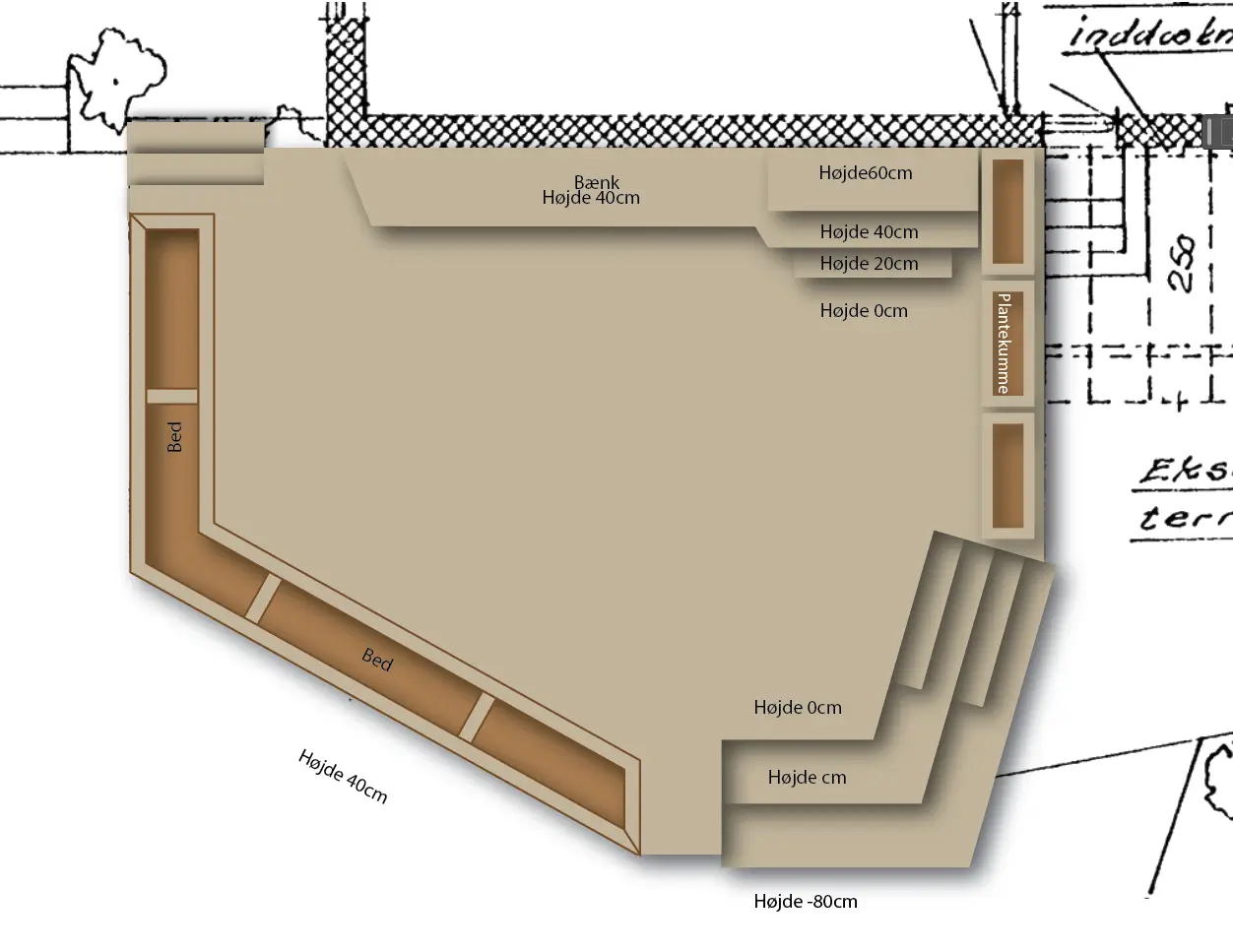 Teknisk tegning af træterrasse konstruktion med mål og detaljer