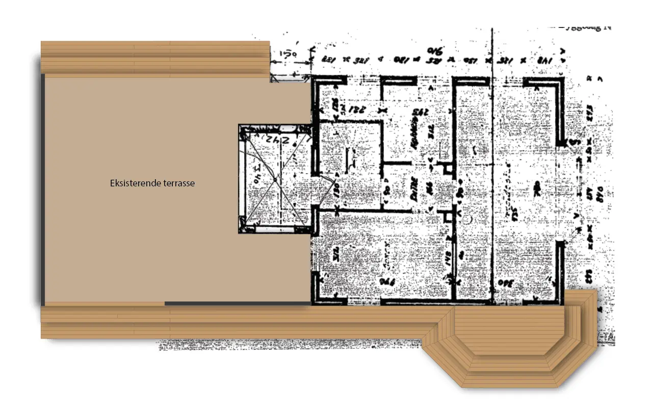 Layoutplan for træterrasse med zoner og niveauforskelle