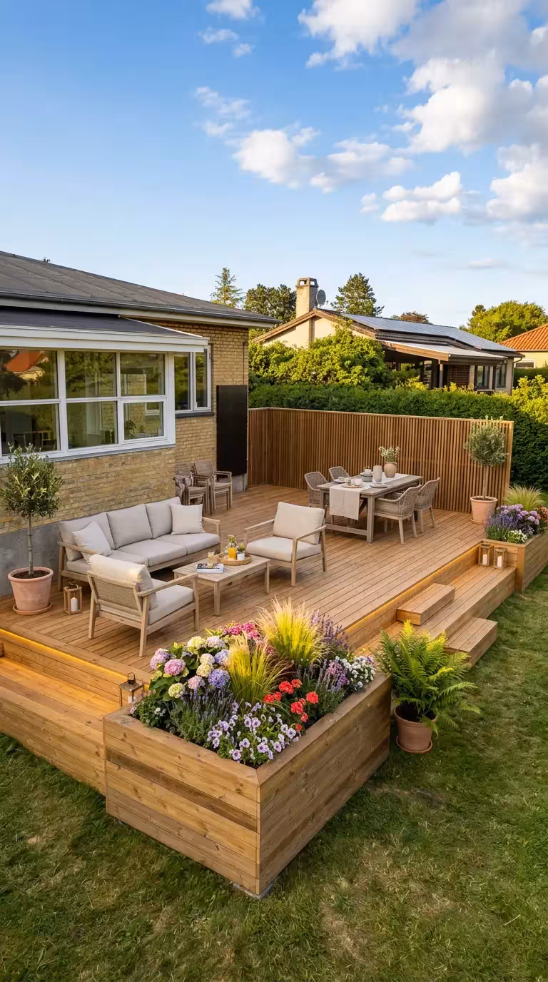 Thermowood-terrasse i flere niveauer med plantekasser og trapper i Gentofte