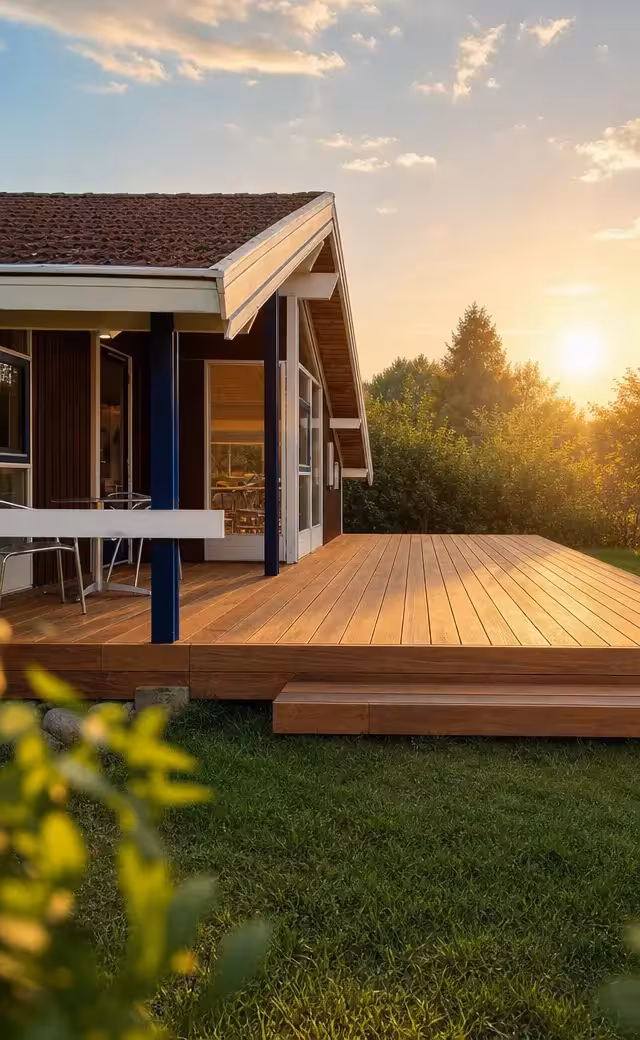 Cumaru-terrasse ved sommerhus i Gilleleje i aftensol