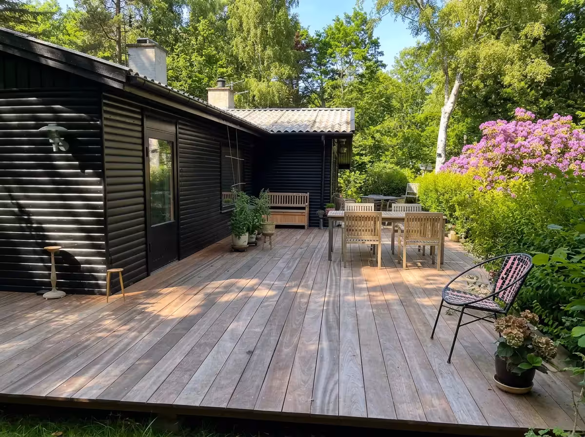 Patineret tatajuba-terrasse ved sort sommerhus med blomstrende have